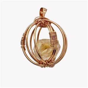 Copper Sphere Pendant With Citrine Nugget Wire Wrapped Rose Gold, approx 30mm [GM23436]