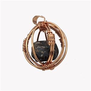 Copper Sphere Pendant With Black Obsidian Nugget Wire Wrapped Rose Gold, approx 30mm [GM23437]