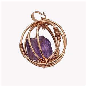 Copper Sphere Pendant With Purple Amethyst Nugget Wire Wrapped Rose Gold, approx 30mm [GM23438]