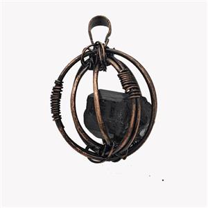 Copper Sphere Pendant With Black Obsidian Nugget Wire Wrapped Antique Red, approx 30mm [GM23441]
