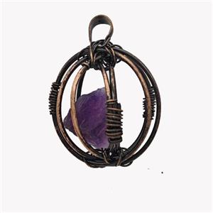 Copper Sphere Pendant With Amethyst Nugget Wire Wrapped Antique Red, approx 30mm [GM23442]