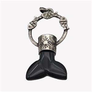 Natural Black Obsidian Mermaid-tail Pendant Alloy Fish Antique Silver, approx 27-50mm [GM23446]