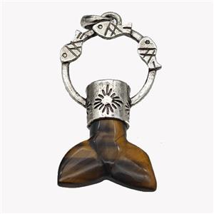 Natural Tiger Eye Stone Mermaid-tail Pendant Alloy Fish Antique Silver, approx 27-50mm [GM23449]