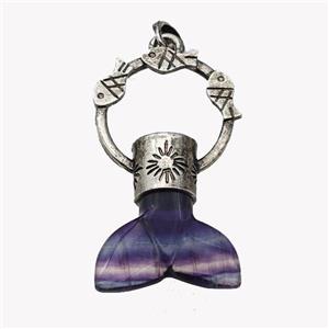 Natural Multicolor Fluorite Mermaid-tail Pendant Alloy Fish Antique Silver, approx 27-50mm [GM23450]