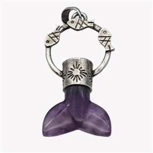 Natural Purple Amethyst Mermaid-tail Pendant Alloy Fish Antique Silver, approx 27-50mm [GM23451]