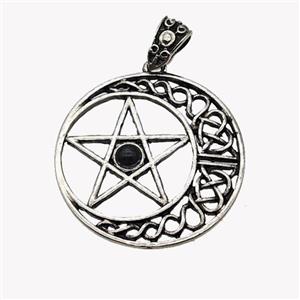 Alloy Moon Star Pendant Pave Black Obsidian Antique Silver, approx 33mm [GM23466]