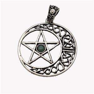 Alloy Moon Star Pendant Pave Green Aventurine Antique Silver, approx 33mm [GM23467]