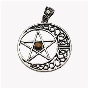 Alloy Moon Star Pendant Pave Tiger Eye Stone Antique Silver, approx 33mm [GM23469]