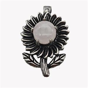 Alloy Sunflower Pendant Pave Pink Rose Quartz Antique Silver, approx 10mm, 20-35mm [GM23496]