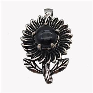 Alloy Sunflower Pendant Pave Black Obsidian Antique Silver, approx 10mm, 20-35mm [GM23498]