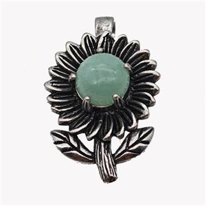 Alloy Sunflower Pendant Pave Green Aventurine Antique Silver, approx 10mm, 20-35mm [GM23499]