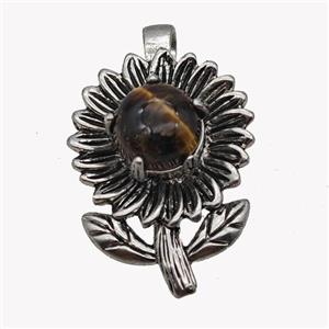 Alloy Sunflower Pendant Pave Tiger Eye Stone Antique Silver, approx 10mm, 20-35mm [GM23503]