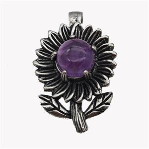 Alloy Sunflower Pendant Pave Purple Amethyst Antique Silver, approx 10mm, 20-35mm [GM23505]