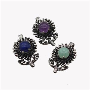 Alloy Sunflower Pendant Pave Gemstone Antique Silver Mixed, approx 10mm, 20-35mm [GM23506]