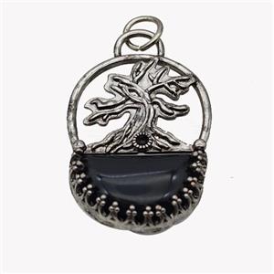 Alloy Tree Pendant Pave Black Obsidian Moon Antique Silver, approx 26-35mm [GM23510]