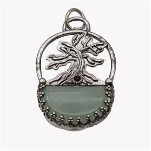 Alloy Tree Pendant Pave Green Aventurine Moon Antique Silver, approx 26-35mm [GM23511]