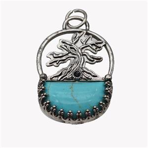 Alloy Tree Pendant Pave Teal Turquoise Moon Antique Silver, approx 26-35mm [GM23512]