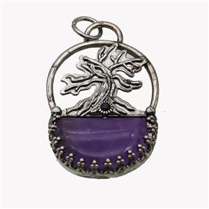 Alloy Tree Pendant Pave Purple Amethyst Moon Antique Silver, approx 26-35mm [GM23515]
