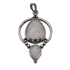 Alloy Teardrop Pendant Pave Rose Quartz Antique Silver, approx 30-45mm [GM23519]