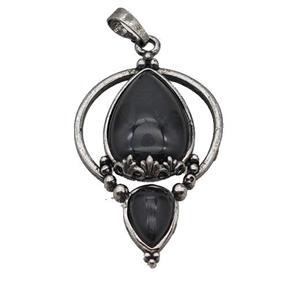 Alloy Teardrop Pendant Pave Black Obsidian Antique Silver, approx 30-45mm [GM23520]
