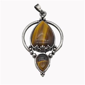 Alloy Teardrop Pendant Pave Tiger Eye Stone Antique Silver, approx 30-45mm [GM23522]