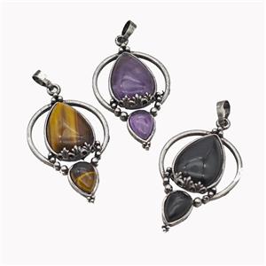 Alloy Teardrop Pendant Pave Gemstone Antique Silver Mixed, approx 30-45mm [GM23524]