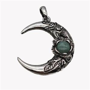 Alloy Moon Pendant Pave Green Aventurine Antique Silver, approx 35-40mm [GM23528]