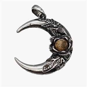 Alloy Moon Pendant Pave Picture Jasper Antique Silver, approx 35-40mm [GM23531]