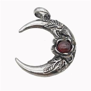 Alloy Moon Pendant Pave Red Agate Antique Silver, approx 35-40mm [GM23532]
