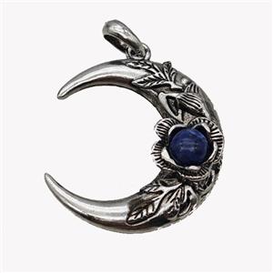 Alloy Moon Pendant Pave Blue Sodalite Antique Silver, approx 35-40mm [GM23535]