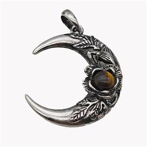 Alloy Moon Pendant Pave Tiger Eye Stone Antique Silver, approx 35-40mm [GM23536]