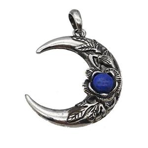 Alloy Moon Pendant Pave Blue Lapis Antique Silver, approx 35-40mm [GM23537]