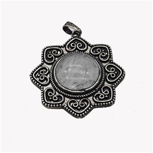 Alloy Flower Pendant Pave Clear Quartz Antique Silver, approx 18mm, 40mm [GM23552]