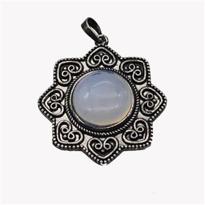 Alloy Flower Pendant Pave Opalite Antique Silver, approx 18mm, 40mm [GM23553]