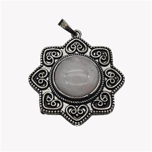 Alloy Flower Pendant Pave Rose Quartz Antique Silver, approx 18mm, 40mm [GM23554]