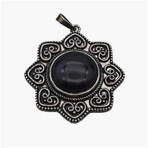 Alloy Flower Pendant Pave Black Obsidian Antique Silver, approx 18mm, 40mm [GM23555]