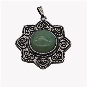 Alloy Flower Pendant Pave Green Aventurine Antique Silver, approx 18mm, 40mm [GM23556]