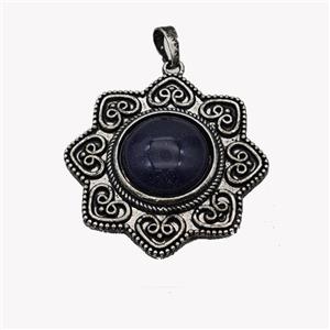Alloy Flower Pendant Pave Blue Sandstone Antique Silver, approx 18mm, 40mm [GM23557]