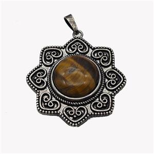 Alloy Flower Pendant Pave Tiger Eye Stone Antique Silver, approx 18mm, 40mm [GM23558]