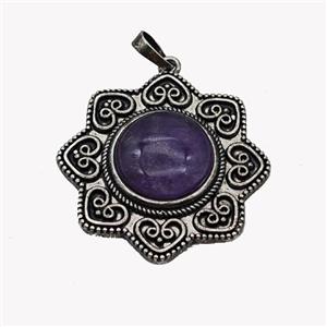 Alloy Flower Pendant Pave Purple Amethyst Antique Silver, approx 18mm, 40mm [GM23561]