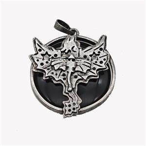 Alloy Pterosaur Pendant Pave Black Obsidian Antique Silver, approx 30mm [GM23566]