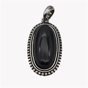 Alloy Oval Pendant Pave Black Obsidian Antique Silver, approx 13-30mm, 25-35mm [GM23594]