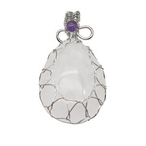 Natural Clear Quartz Teardrop Pendant Copper Wire Wrapped Platinum Plated, approx 25-35mm [GM23614]