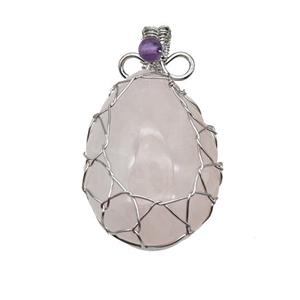 Natural Pink Rose Quartz Teardrop Pendant Copper Wire Wrapped Platinum Plated, approx 25-35mm [GM23615]