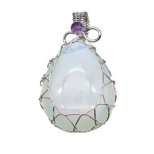 White Opalite Teardrop Pendant Copper Wire Wrapped Platinum Plated, approx 25-35mm [GM23616]