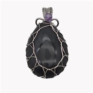 Natural Black Obsidian Teardrop Pendant Copper Wire Wrapped Platinum Plated, approx 25-35mm [GM23617]