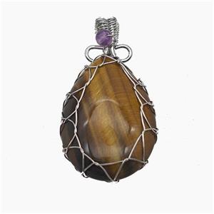 Natural Tiger Eye Stone Teardrop Pendant Copper Wire Wrapped Platinum Plated, approx 25-35mm [GM23619]
