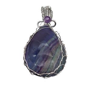 Natural Multicolor Fluorite Teardrop Pendant Copper Wire Wrapped Platinum Plated, approx 25-35mm [GM23620]