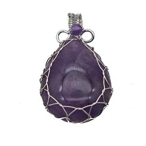 Natural Purple Amethyst Teardrop Pendant Copper Wire Wrapped Platinum Plated, approx 25-35mm [GM23621]