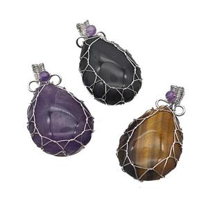 Natural Gemstone Teardrop Pendant Copper Wire Wrapped Platinum Plated Mixed, approx 25-35mm [GM23622]